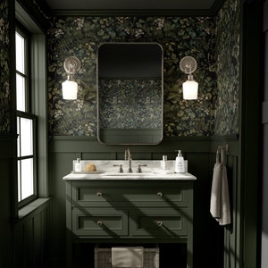 Dark Green Foliage Wallpaper | Moody Botanical Bathroom | Removable, Peel and Stick, Prepasted | Maximalist Forest Meadow Leaf Wallpaper