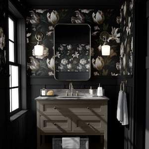 Carta da parati floreale nera / Tulipani bianchi moody Flower Camera da letto Bagno / Rimovibile Peel and Stick, Preincollato / Estetica scura Botanical Rococò