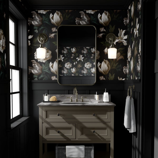 Black Floral Wallpaper - Etsy