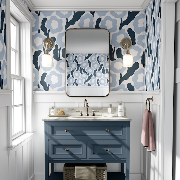 Blue Peel and Stick Wallpaper Bathroom Etsy