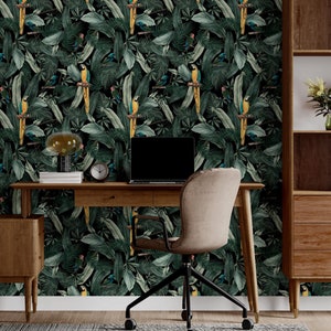 Carta da parati tropicale verde / Bagno con foglie di pappagallo / Rimovibile, staccabile e attaccabile, preincollabile / Carta da parati botanica con foglie della foresta pluviale della giungla