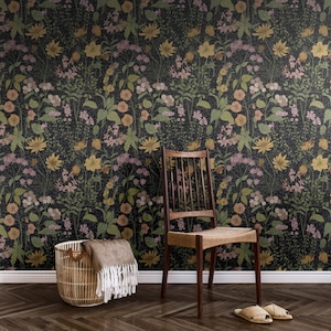 Dark Botanical Wallpaper | Vintage Wildflower Bedroom Bathroom | Removable Peel Stick, Prepasted | Earthy Vibrant Dark Academia Maximalist