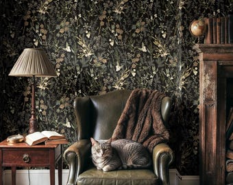 Dark Lodge Woodland Wallpaper | Black Forest Maximalist Bedroom Bathroom | Peel and Stick, Prepasted, Moody Farmhouse Cottagecore Wallpaper