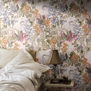 Papier peint floral pastel | Élégante salle de bain botanique champêtre | Papier autocollant, préencollé | Papier peint vintage fleurs shabby chic