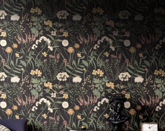 Moody Black Botanical Wallpaper | Vintage Wildflower Bedroom Bathroom | Removable Peel Stick, Prepasted | Dark Academia Floral Maximalist