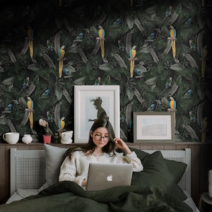 Dark Green Tropical Wallpaper | Parrot Foliage Bathroom | Removable, Peel and Stick, Prepasted | Botanical Jungle Rainforest Leaf Wallpaper