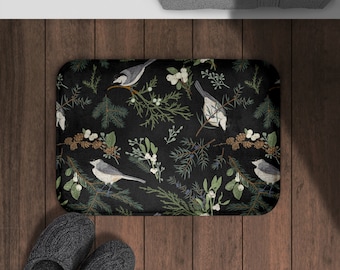 tapis de bain vintage forêt d'oiseaux | Mousse mémoire en microfibre antidérapante | Décoration de salle de bain ferme Moody | Tapis de bain noir botanique Woodland