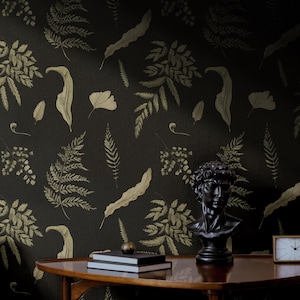 Dark Green Leaf Wallpaper | Moody Botanical Maximalist Bedroom Bathroom | Peel and Stick Prepasted Cottagecore Forest Fern Foliage Wallpaper
