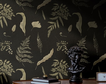 Dark Green Leaf Wallpaper | Moody Botanical Maximalist Bedroom Bathroom | Peel and Stick Prepasted Cottagecore Forest Fern Foliage Wallpaper