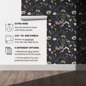 Dark Blue Botanical Wallpaper | Vintage Wildflower Bedroom Bathroom | Removable Peel Stick, Prepasted | Country Navy Floral Maximalist image 5