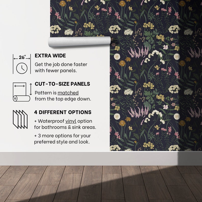 Dark Blue Botanical Wallpaper | Vintage Wildflower Bedroom Bathroom | Removable Peel Stick, Prepasted | Country Navy Floral Maximalist image 5