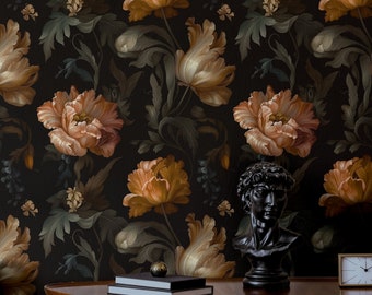 Moody Floral Wallpaper | Black Peony Flower Bedroom Bathroom | Removable Peel and Stick, Prepasted | Dark Aesthetic Botanical Garden Decor