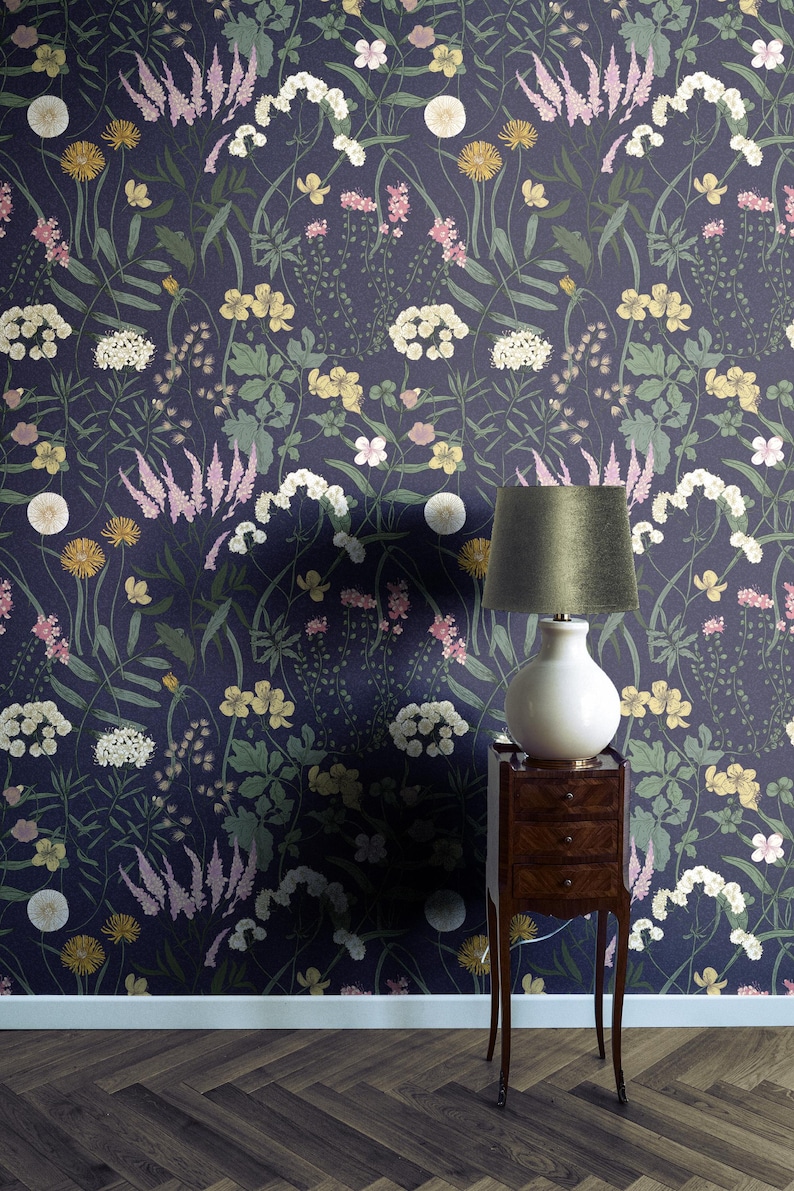 Dark Blue Botanical Wallpaper | Vintage Wildflower Bedroom Bathroom | Removable Peel Stick, Prepasted | Country Navy Floral Maximalist image 1
