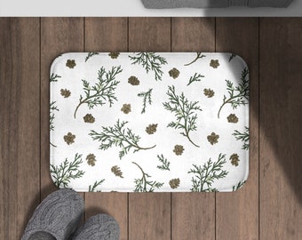 White Green Pine Cone Bath Mat | Non Slip Microfiber Memory Foam | Woodland Botanical Bathroom Decor | Vintage Forest Farmhouse Bathmat