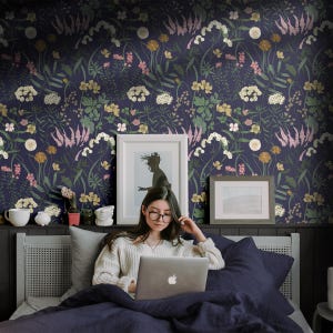 Dark Blue Botanical Wallpaper | Vintage Wildflower Bedroom Bathroom | Removable Peel Stick, Prepasted | Country Navy Floral Maximalist image 4