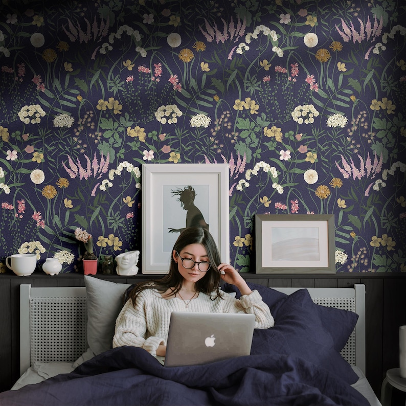 Dark Blue Botanical Wallpaper | Vintage Wildflower Bedroom Bathroom | Removable Peel Stick, Prepasted | Country Navy Floral Maximalist image 4