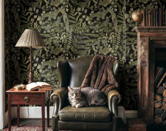 Dark Green Foliage Wallpaper | Moody Botanical Bedroom Bathroom Removable Peel and Stick Prepasted | Maximalist Woodland Forest Fern Leaf
