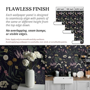 Dark Blue Botanical Wallpaper | Vintage Wildflower Bedroom Bathroom | Removable Peel Stick, Prepasted | Country Navy Floral Maximalist image 6