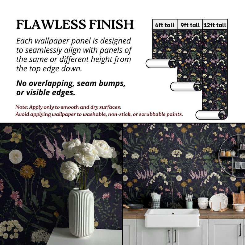 Dark Blue Botanical Wallpaper | Vintage Wildflower Bedroom Bathroom | Removable Peel Stick, Prepasted | Country Navy Floral Maximalist image 6