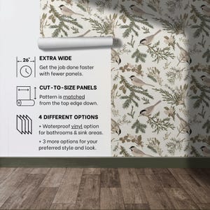 May include: A white background with a repeating pattern of brown birds, green pine branches, and small brown flowers. The text "EXTRA WIDE" is at the top of the image, followed by "Get the job done faster with fewer panels." The text "CUT-TO-SIZE PANELS" is below that, followed by "Pattern is matched from the top edge down." The text "4 DIFFERENT OPTIONS" is below that, followed by "Waterproof vinyl option for bathrooms & sink areas." The text "+ 3 more options for your preferred style and look." is below that.