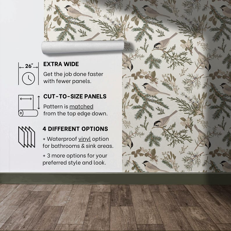 May include: A white background with a repeating pattern of brown birds, green pine branches, and small brown flowers. The text "EXTRA WIDE" is at the top of the image, followed by "Get the job done faster with fewer panels." The text "CUT-TO-SIZE PANELS" is below that, followed by "Pattern is matched from the top edge down." The text "4 DIFFERENT OPTIONS" is below that, followed by "Waterproof vinyl option for bathrooms & sink areas." The text "+ 3 more options for your preferred style and look." is below that.