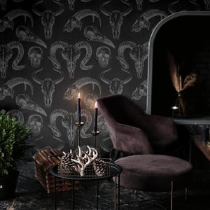 Gothic Schädel Tapete | Schwarz Occult Dark Academia Schlafzimmer Badezimmer | Abnehmbar, Peel and Stick, Prepasted | Goat Skull Grunge Tapete fürs Wohnzimmer