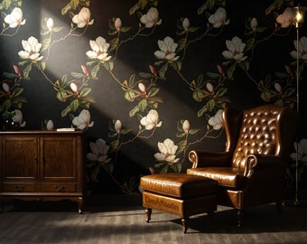 Black Floral Wallpaper | Moody Magnolia Flowers Bedroom Bathroom | Removable, Peel and Stick, Prepasted | Bold Vintage Dark Academia