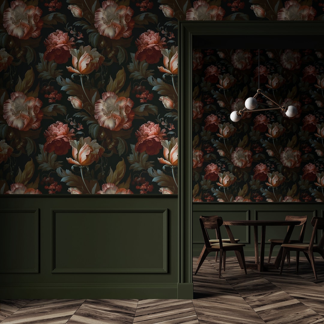 Moody Dutch Wallpaper | Black Floral Peonies Bedroom Bathroom ...