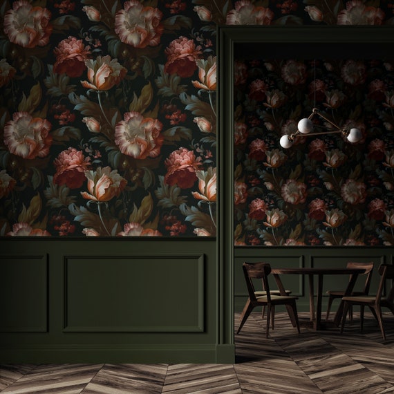 Moody Dutch Wallpaper | Black Floral Peonies Bedroom Bathroom