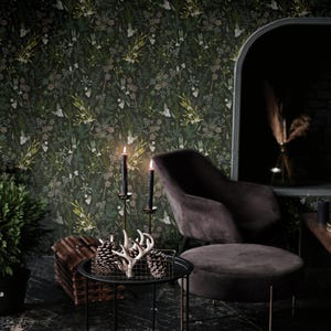 Moody Vintage Woodland Wallpaper | Dark Green Forest Bedroom Bathroom | Removable Peel and Stick, Prepasted Cottagecore Maximalist Wallpaper