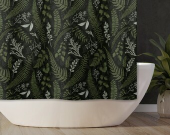 Green Fern Shower Curtain | Moody Aesthetic Dark Academia Bathroom | Vintage Botanical Black Forest Woodland Shower Decor