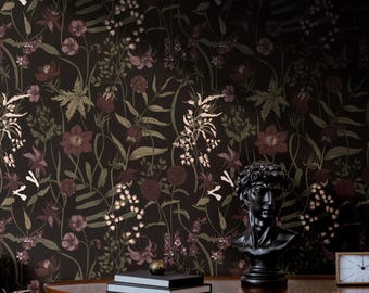 Moody Black Botanical Wallpaper | Vintage Floral Bedroom Bathroom | Removable Peel Stick, Prepasted | Dark Academia Wildflower Maximalist