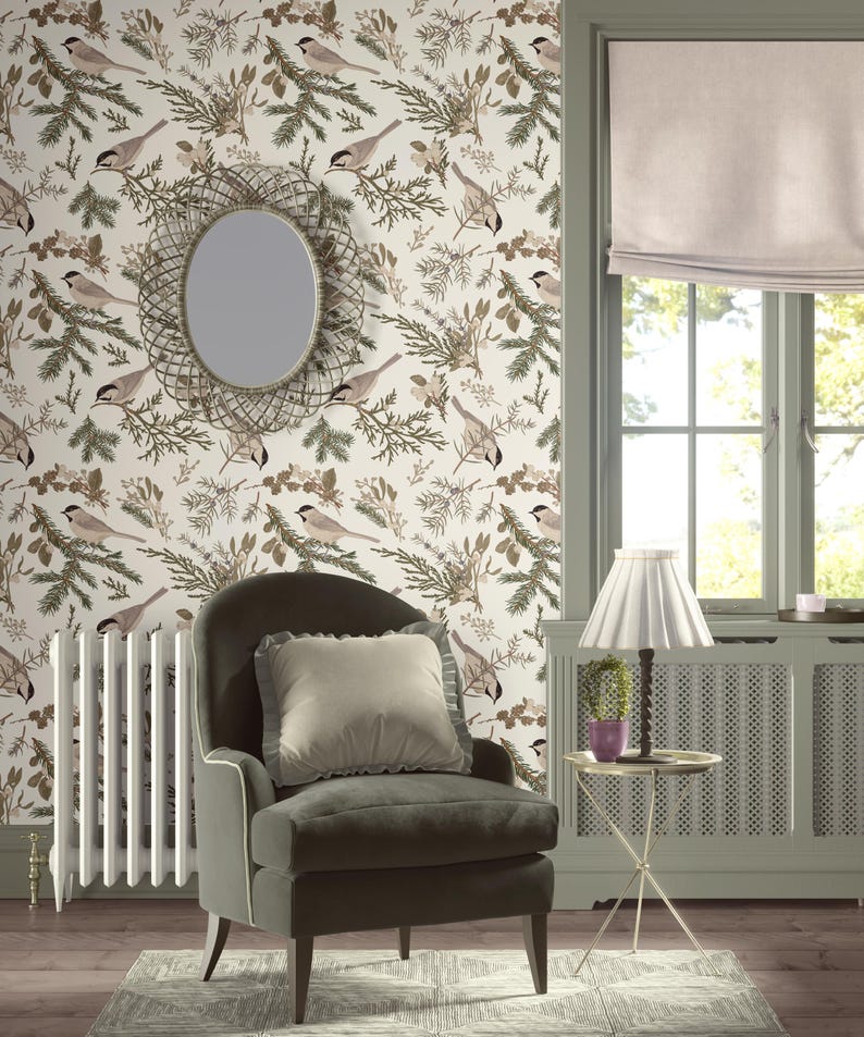 Woodland Birds Wallpaper | Vintage Forest Country Bedroom Bathroom | Removable Peel and Stick Prepasted Cottagecore Farmhouse Wallpaper image 2