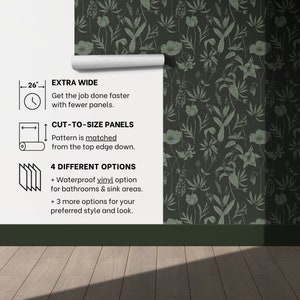 May include: A white wall with a green floral wallpaper pattern. The wall has text describing the wallpaper's features, including "Extra Wide", "Cut-to-Size Panels", and "4 Different Options". The text also mentions that the wallpaper is waterproof and comes in different styles.