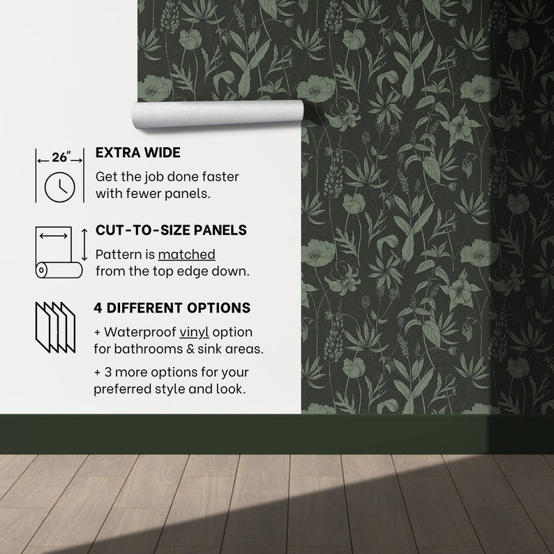 May include: A white wall with a green floral wallpaper pattern. The wall has text describing the wallpaper's features, including "Extra Wide", "Cut-to-Size Panels", and "4 Different Options". The text also mentions that the wallpaper is waterproof and comes in different styles.