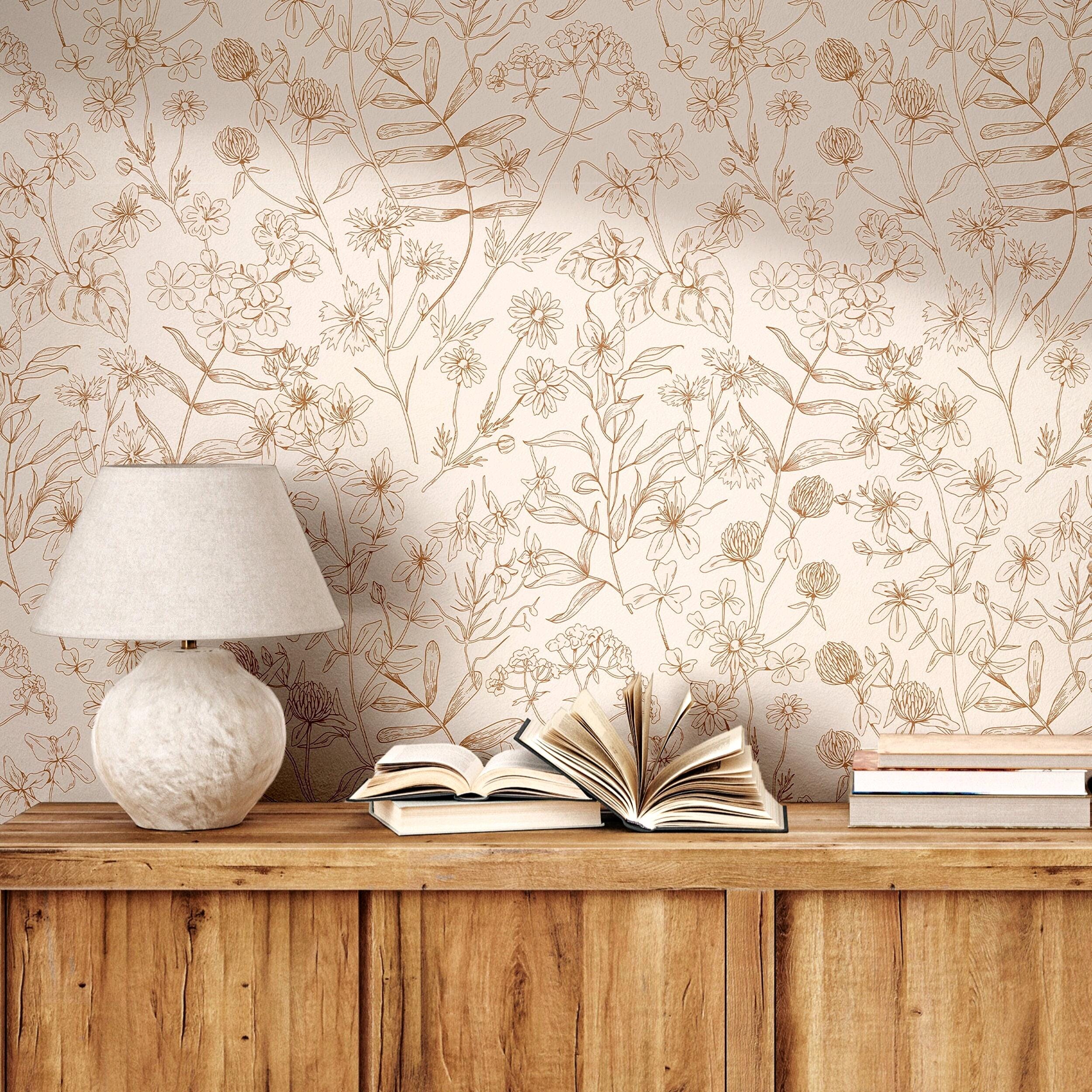 Boho Botanical Wallpaper | Beige Wildflower Bedroom Bathroom | Removable, Peel and Stick, Prepasted | Neutral Country Farmhouse Wallpaper