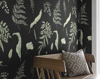 Black Green Leaf Wallpaper | Moody Botanical Foliage Bedroom Bathroom | Removable Peel and Stick Prepasted Dark Forest Fern Leaves Wallpaper
