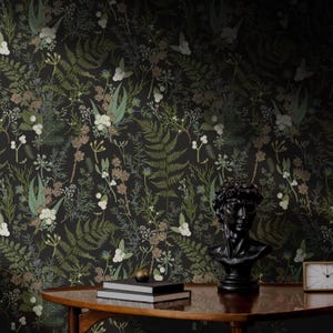 Carta da parati Moody Botanical / Camera da letto e bagno Dark Academia / Rimovibile, staccabile e attaccabile, preincollabile / Carta da parati Forest Maximalist Woodland