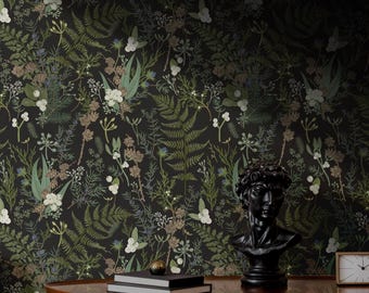 Moody Botanical Wallpaper | Dark Academia Bedroom Bathroom | Removable, Peel and Stick, Prepasted | Forest Maximalist Woodland Wallpaper