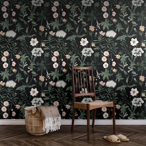 Sfeervol botanisch behang | Zwarte wilde bloemen Maximalist slaapkamer badkamer | Verwijderbaar Peel-and-Stick voorgelijmd bloemen donker Academia-behang