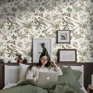 Woodland Birds Wallpaper | Vintage Forest Country Bedroom Bathroom | Removable Peel and Stick Prepasted Cottagecore Farmhouse Wallpaper image 4