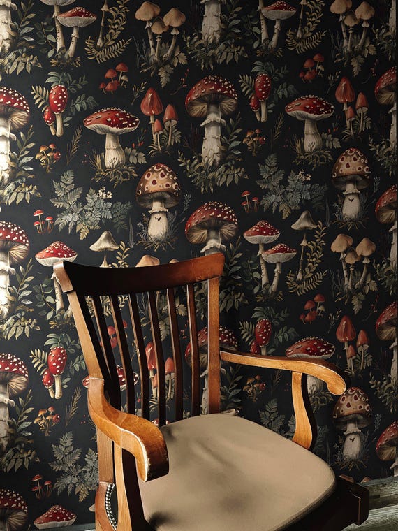 Dark Red Mushroom Wallpaper | Cottagecore Dark Academia | Removable, Peel and Stick Mural, Prepasted | Whimsical Botanical Forest Wallpaper