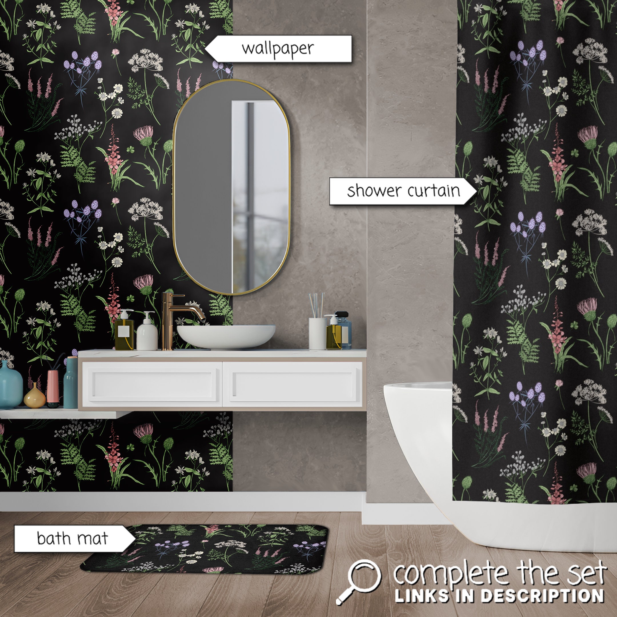 Duschvorhang Vintage Pilz Stil, 183x198 Cm, Schwarz Mit Blumenmuster – Boho Badezimmer Deko