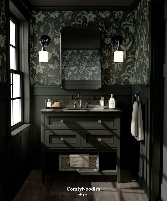 Dark Green Wildflower Wallpaper | Botanical Cottage Bathroom Bedroom | Removable Peel and Stick Prepasted | Maximalist Green Leaf Wallpaper