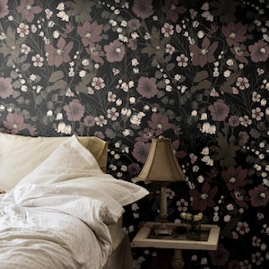 Dark Botanical Lilies Wallpaper | Whimsical Wildflower Bedroom Bathroom | Removable Peel Stick, Prepasted | Earthy Floral Maximalist