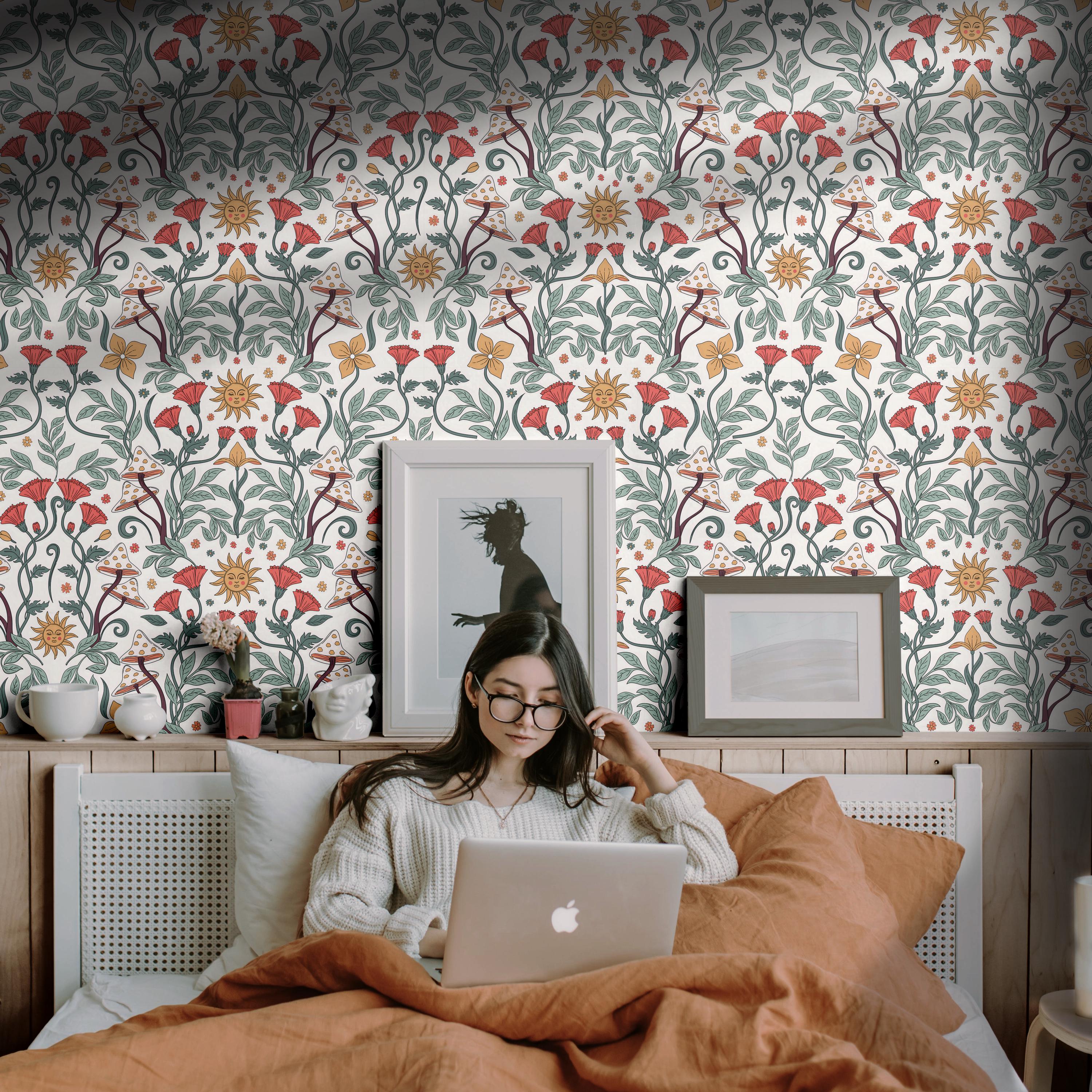Boho Groovy Wallpaper | Retro Floral Aesthetic Bedroom Bathroom | Removable Peel and Stick Prepasted | 60s 70s Hippie Trippy Wallpaper
