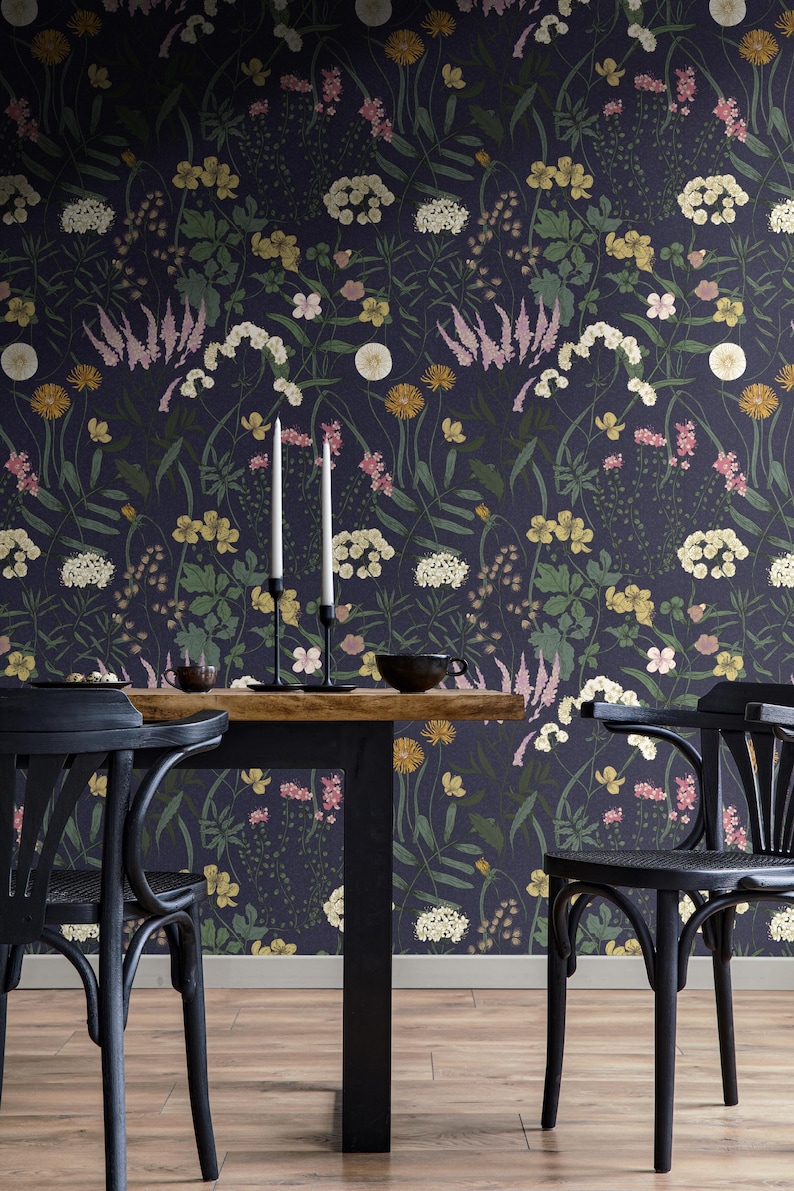 Dark Blue Botanical Wallpaper | Vintage Wildflower Bedroom Bathroom | Removable Peel Stick, Prepasted | Country Navy Floral Maximalist image 3