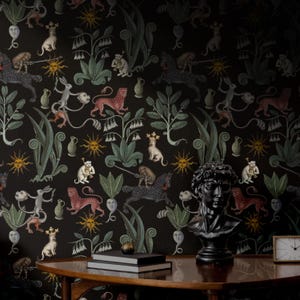 Weird Medieval Wallpaper | Moody Dark Academia Bedroom Bathroom | Removable, Peel and Stick, Prepasted | Esoteric Botanical Whimsigoth Cats