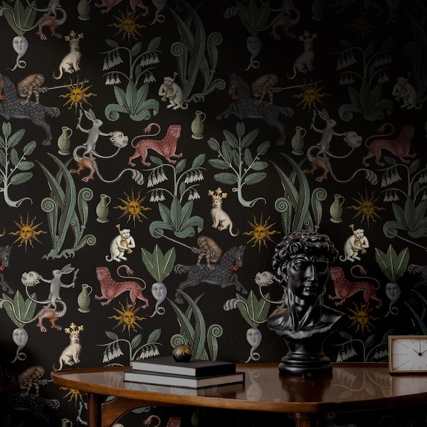 Papel pintado medieval extraño / Dormitorio y baño de estilo academia oscuro y melancólico / Extraíble, despegable y pegable, preencolado / Gatos esotéricos, caprichosos y botánicos