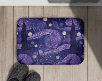 Tapis de bain nuit étoilée Van Gogh | Mousse mémoire en microfibre antidérapante | Décoration de salle de bain nuage rêveur | Tapis de bain artistique violet